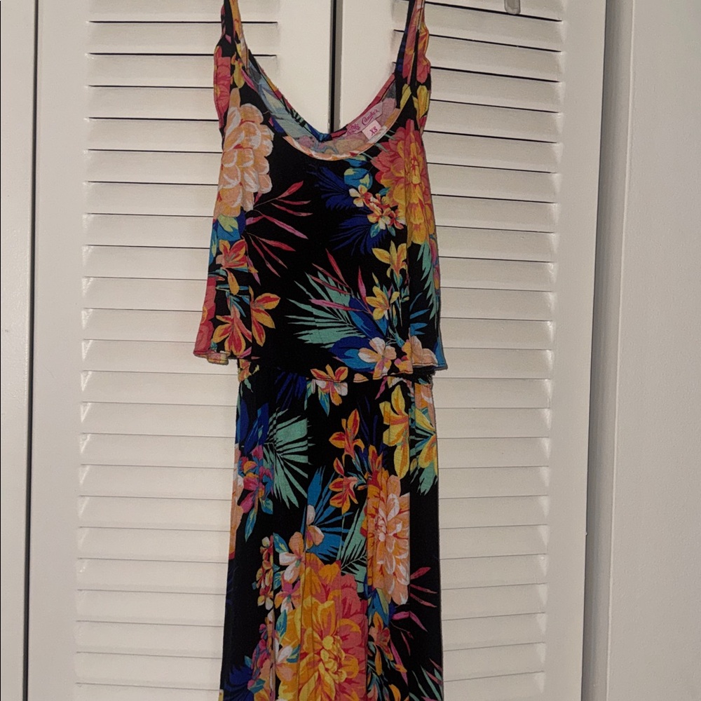 Candie's Black Tropical Floral Maxi Dress with Pink Accents